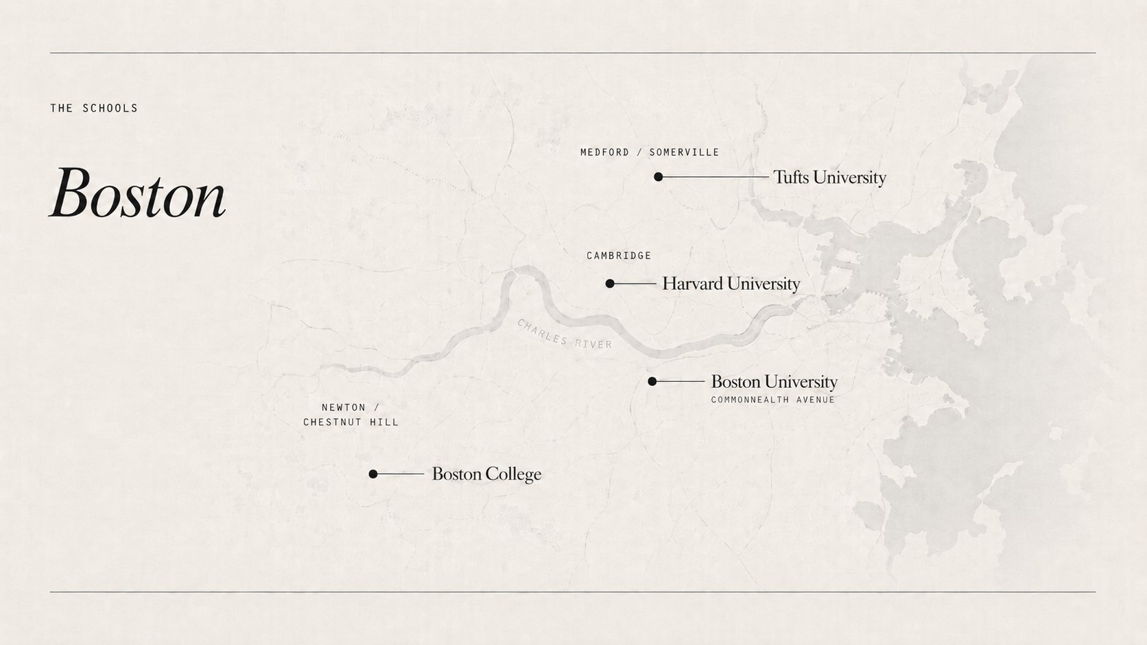 Map of Boston showing Harvard, Tufts, Boston University, and Boston College